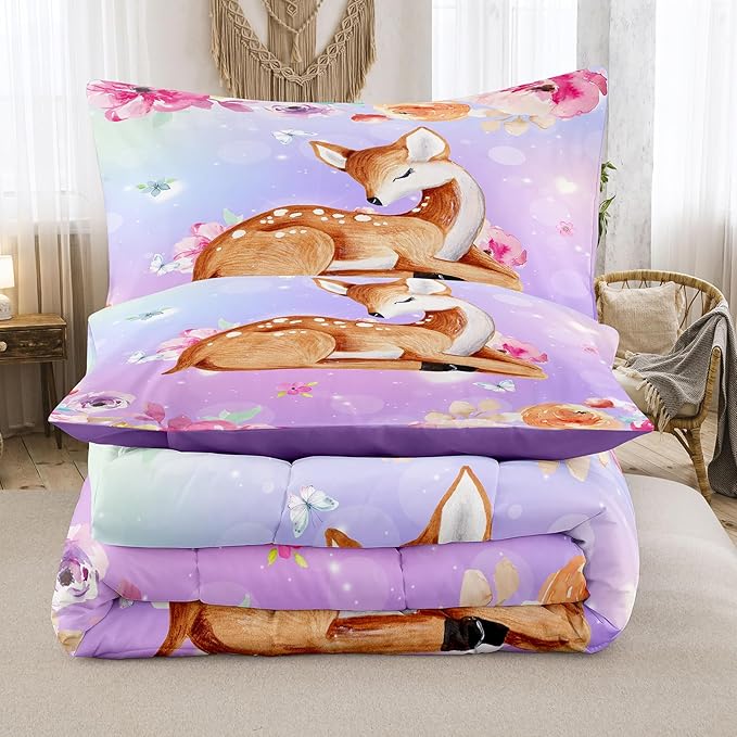 NINENINE Cute Deer Bedding for Girls Kawaii Deer Comforter Sets for Girls,Pink Deer Bedding Twin Bedding Set for Kids Girls,Watercolor Wildlife Comforter with 1 Comforter 1 Pillowcase…