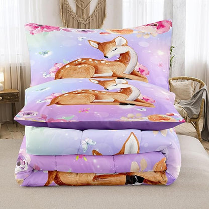 NINENINE Cute Deer Bedding for Girls Kawaii Deer Comforter Sets for Girls,Pink Deer Bedding Twin Bedding Set for Kids Girls,Watercolor Wildlife Comforter with 1 Comforter 1 Pillowcase…