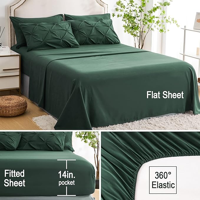Ubauba 7pc Dark Green Comforter Set Queen Size, Hunter Green Pintuck Bed in a Bag 7 Piece, All Season Emerald Pinched Pleat Bedding Set with Comforter and Sheets (Green,Queen)