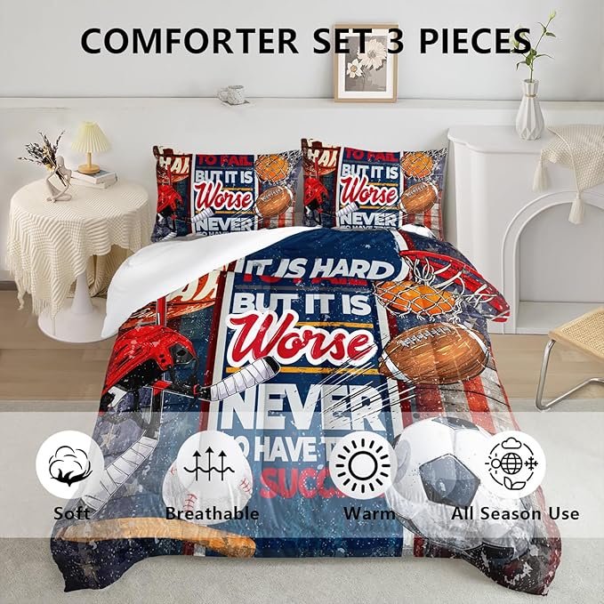 Axolotl Sports Comforter Set Full Size,Sports Theme Comforter Set Football Baseball Bedding Set,Sports Bedding Set 3D Soccer Comforter Set Basketball Bedding for Kids Boys Teens,1 Quilt 2 Pillowcases