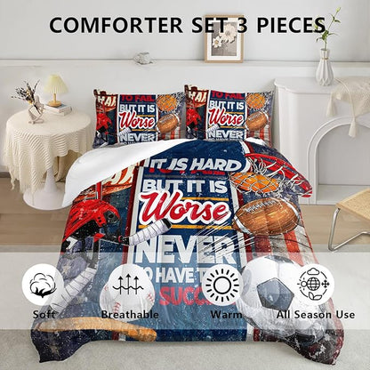 Axolotl Sports Comforter Set Twin Size,Sports Theme Comforter Set Baseball Football Bedding Set,Sports Bedding Set 3D Soccer Comforter Set Basketball Bedding for Boys Teens Men,1 Quilt 2 Pillowcases