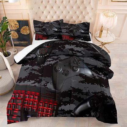 Tailor Shop Modern Camouflage Gaming Comforter Sets for Boys Gamer Comforter Red Mouse Keyboard Gamepad Bedding Set King Size with 1 Comforter 2 Pillowcases,03