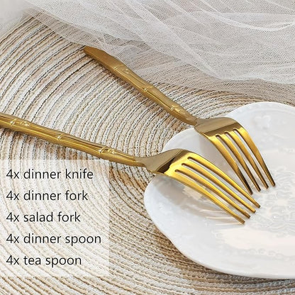 Gold 20-Piece Silverware Set, Bamboo Pattern Stainless Steel Flatware Set, Cutlery Set Mirror Polished, Dishwasher Safe, Service for 4