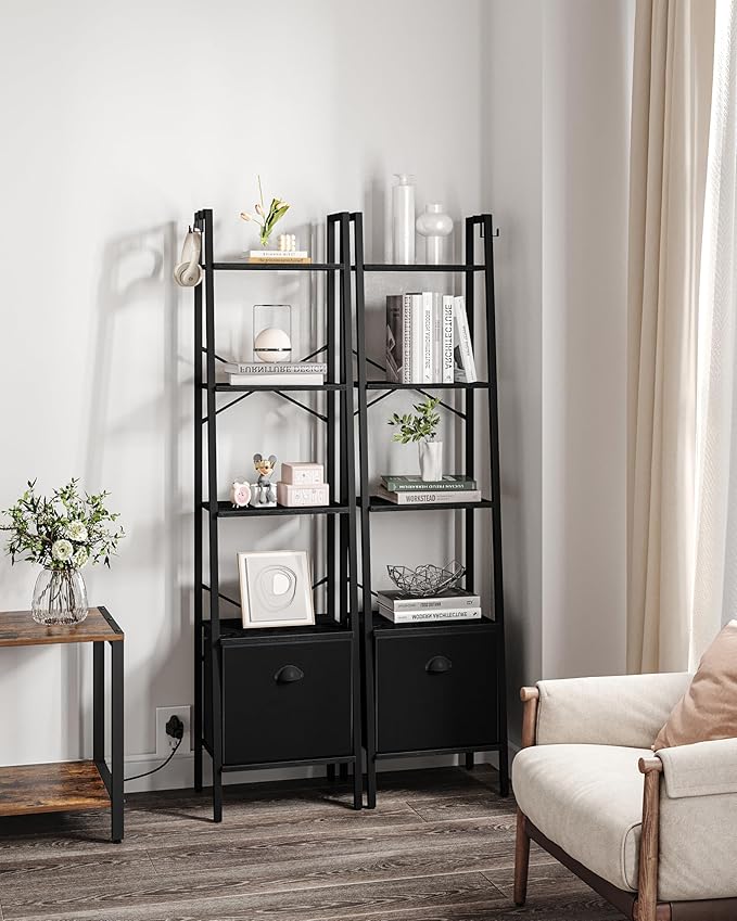 Narrow Bookshelf Bookcase with Drawer, Ladder Shelf with 2 Hooks, Bookshelves Storage Organizer, Freestanding Display Standing for Home Office, Bedroom, 5 Tier Black BC19504B
