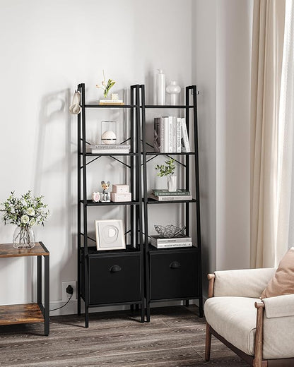 Narrow Bookshelf Bookcase with Drawer, Ladder Shelf with 2 Hooks, Bookshelves Storage Organizer, Freestanding Display Standing for Home Office, Bedroom, 5 Tier Black BC19504B