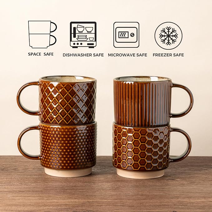 GBhome 12 OZ Stackable Coffee Mugs Set of 4, Ceramic Coffee Cups Set | Coffee Mugs With Stand, Dishwasher&Microwave Safe, 4 Assorted Designs