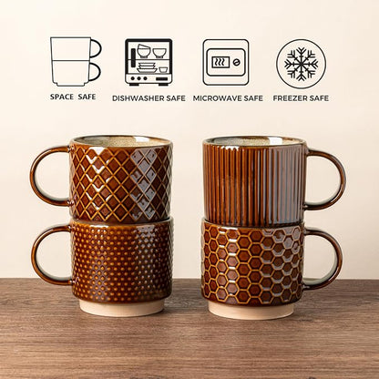 GBhome 12 OZ Stackable Coffee Mugs Set of 4, Ceramic Coffee Cups Set | Coffee Mugs With Stand, Dishwasher&Microwave Safe, 4 Assorted Designs