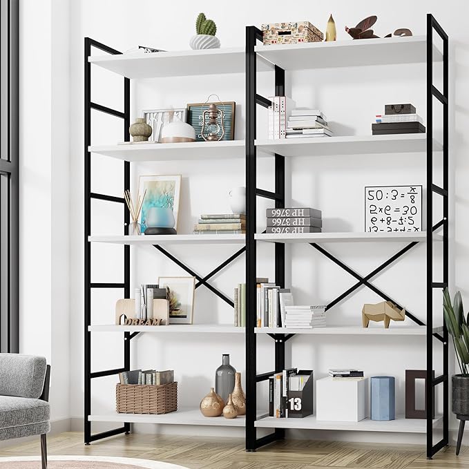 Shintenchi 2 Pieces 5 Tiers Bookshelf, Classically Tall Bookcase Shelf, Industrial Book Rack, Modern Book Holder in Bedroom/Living Room/Home/Office, Storage Rack Shelves for Books/Movies-White