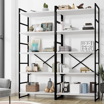 Shintenchi 2 Pieces 5 Tiers Bookshelf, Classically Tall Bookcase Shelf, Industrial Book Rack, Modern Book Holder in Bedroom/Living Room/Home/Office, Storage Rack Shelves for Books/Movies-White