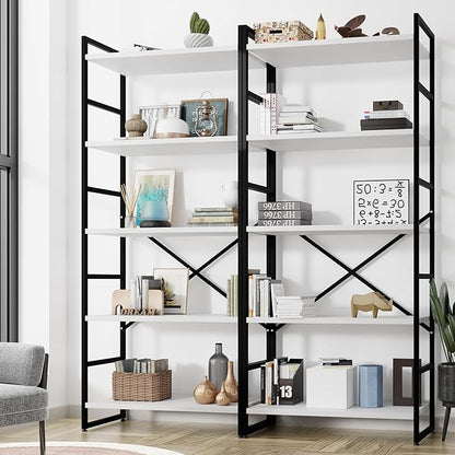 Shintenchi 2 Pieces 5 Tiers Bookshelf, Classically Tall Bookcase Shelf, Industrial Book Rack, Modern Book Holder in Bedroom/Living Room/Home/Office, Storage Rack Shelves for Books/Movies-White