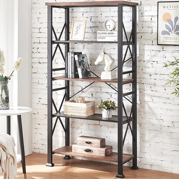 HOMBAZAAR Bookshelf, 5-Tier Industrial Bookshelf, Etagere Bookcases and Bookshelves, Tall Bookshelf Storage Organizer, Freestanding Bookshelf for Living Room, Bedroom and Home Office, Brown