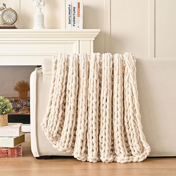 Esterra Chunky Knit Blanket Throw, 100% Handmade Chenille Throw Blanket 50"x60", Soft Thick Yarn Cable Knit Crochet Throw Blanket Rope Knot Throw for Couch Bed Sofa, Apricot White