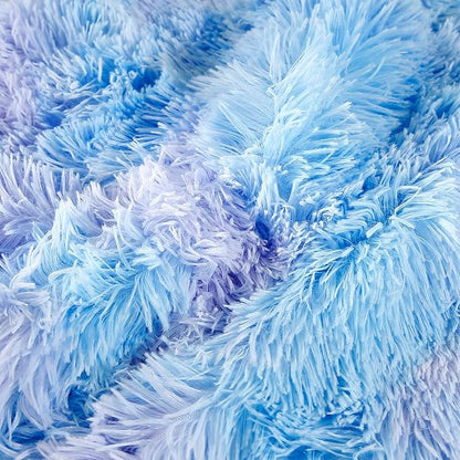 WINLIFE Shaggy Bedding Comforter Set Faux Fur Flannel Furry Comforter Microfiber Plush Comforter Sets Pastel Gradient Ombre Tie Dye MultiColor Bedding for Girls Adults (3Pcs, Twin, Purple Blue)