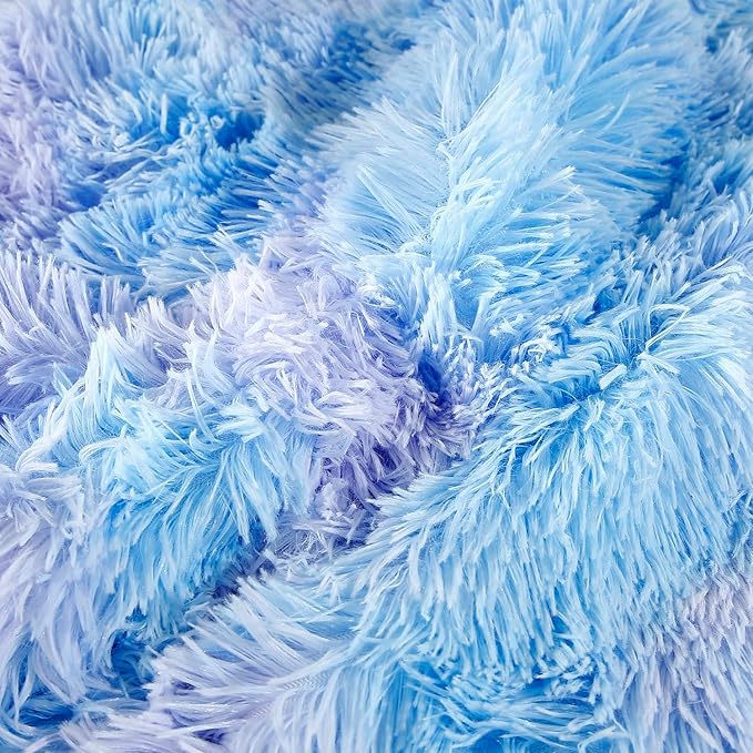 WINLIFE Shaggy Bedding Comforter Set Faux Fur Flannel Furry Comforter Microfiber Plush Comforter Sets Pastel Gradient Ombre Tie Dye MultiColor Bedding for Girls Adults (3Pcs, Queen, Purple Blue)