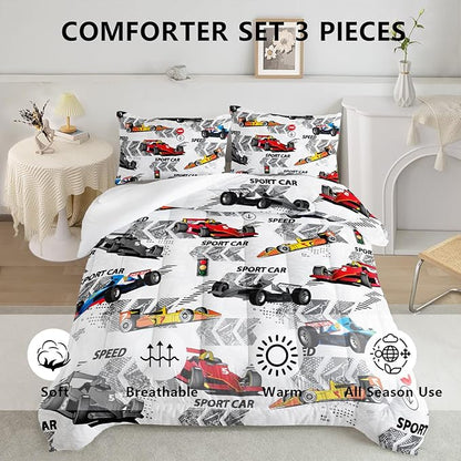 Axolotl Racing Car Comforter Set Twin Size,Extreme Sports Boys Bedding Set for Boys Teens Girls Car Racing Gifts,Race Cars Quilt Bed Set with 1 Comforter 2 Pillowcases,Multi Color