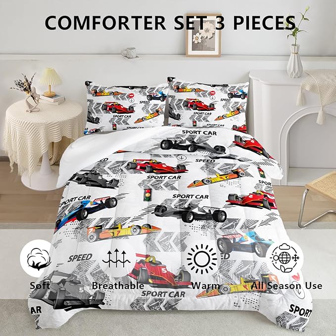 Axolotl Racing Car Comforter Set Full Size,Extreme Sports Boys Bedding Set for Boys Teens Girls Car Racing Gifts,Race Cars Quilt Bed Set with 1 Comforter 2 Pillowcases,Multi Color