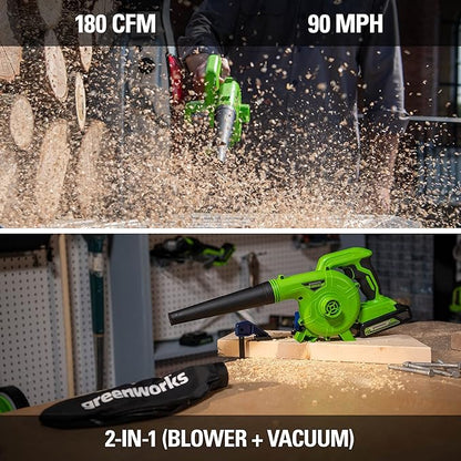 Greenworks 24V (90 MPH / 180 CFM / 125+ Compatible Tools) Cordless Shop Blower, 2.0Ah Battery and Charger Included