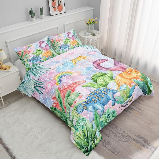 Datura home Kids Dinosaur Comforter Set for Girls Women,Cute Mermaid Scales and Rainbow Cloud Printed Pattern Kawaii Dinosaur Bedding Set with 2 Pillowcases(Dinosaur Rainbow Twin)