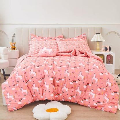 Mooreeke Twin Size Comforter Sets for Girls Kids, 6 Pieces Bed in a Bag Pink Unicorn Rainbow Bedding Comforter Sheet Set with Shams and Decorative Toy Pillow, Ultral Soft Microfiber Kids Bed Set