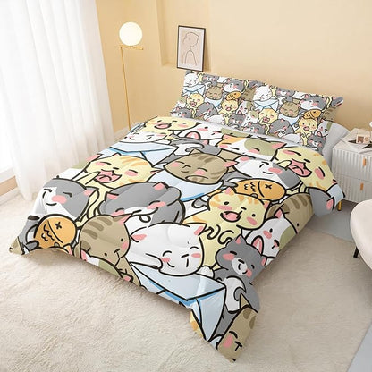 Kawaii Cat Comforter Full Size,Cute Cat Comforter Set for Kids Teens Girls,3Pcs Bedding Set Printed Comforter with 2 Pillowcases,Down Alternative,Soft and Lightweight，Full Size