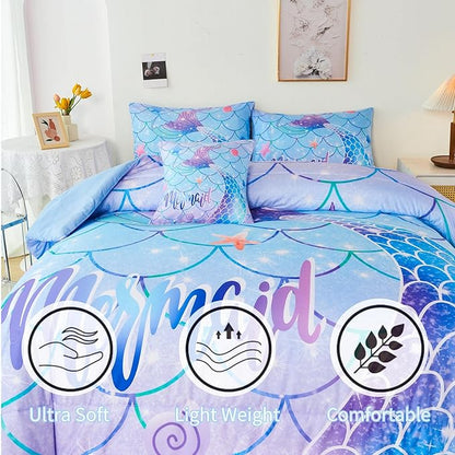 RYNGHIPY 6Pcs Mermaid Tail Comforter Set for Teens Girls Women, Mermaid Fish Scale Bed in a Bag Full Size, Sparkle Teal Purple Rainbow Bedroom Decor Bedding Set