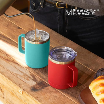 MEWAY 12oz Coffee Mug With Handle and Sliding Lid,Stainless Steel Travel Tumbler Cup with Handle,Double Wall Vacuum Insulated Camping Cup for Hot & Cold Drinks Tea (Light Green,Set of 1
