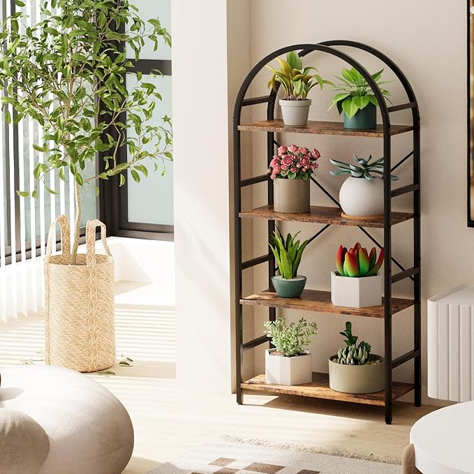 4-Tier Bookshelf, 24 Inch Width Industrial Arched Bookcase, Vintage Storage Rack with Open Shelves, Free Standing Shelf for Home Office, Living Room,Bedroom, Rustic Brown