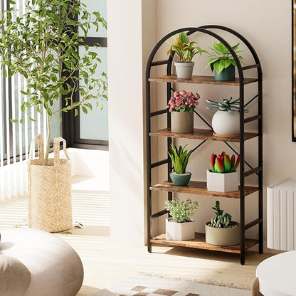 4-Tier Bookshelf, 24 Inch Width Industrial Arched Bookcase, Vintage Storage Rack with Open Shelves, Free Standing Shelf for Home Office, Living Room,Bedroom, Rustic Brown