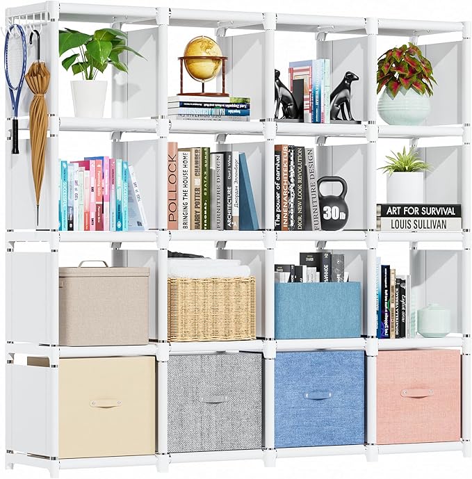 Mavivegue Book Shelf, 16 Cube Storage Organizer, Metal Cube Bookshelf, DIY Bookcase, Tall Book case for Bedroom, Living Room, Office, Closet Storage Organizer, Black Cubicle Storage Rack-White
