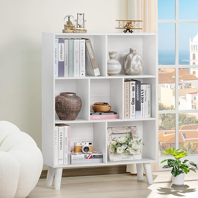 YAHARBO Pure White Bookshelf,3 Tier Book Shelf with Legs, 7 Cube Simple Bookcase,Storage Organizer Shelves Display Bookcases for Bedroom,Living Room