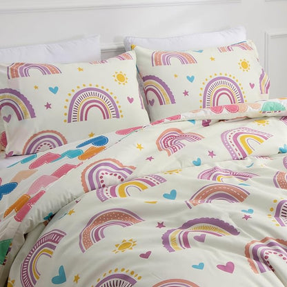 Btargot Lightweight Soft 3 Piece Rainbow Comforter Set with 2 Pillow Covers, Cartoon Love Hearts Suns and Stars Bedding Set for Girls Boys Kids, Twin Purple