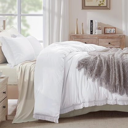 Andency White Comforter Set Queen, 3 Pieces Boho Lightweight Bedding Comforter Sets, All Season Soft Bed Set (90x90In Comforter & 2 Pillowcases)