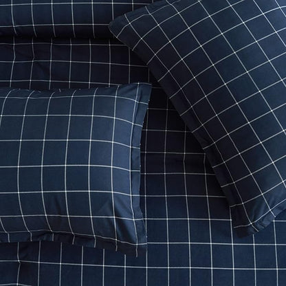 Andency Navy Grid Comforter Set Twin Size (66x90 Inch), 2 Pieces(1 Grid Comforter and 1 Pillowcase), Summer Lightweight Microfiber Down Alternative Navy Comforter with White Lines for Kids Girls