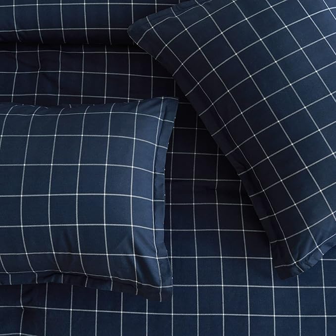 Andency Navy Grid Comforter Set Queen Size (90x90 Inch), 3 Pieces(1 Grid Comforter and 2 Pillowcases), Summer Lightweight Microfiber Down Alternative Navy Comforter with White Lines
