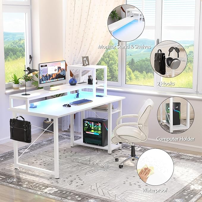 Gaming Desk with Lights & Power Outlets, 39.4' Computer Desk with Shelves, Small Desk for Small Space, Writing Desk with Monitor Stand, White