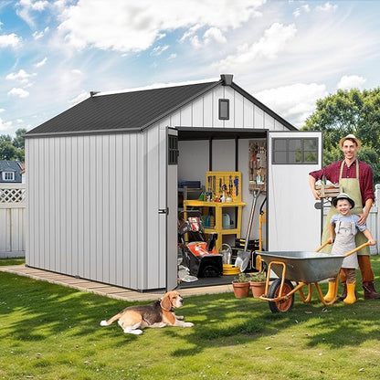 DWVO 8x10 FT Outdoor Storage Shed, 544 cuft Plastic Storage Shed with Floor & Lockable Door, All-Weather Tool Garden Shed with Window & Vent for Patio Furniture, Lawn Mower, Pool Supplies, Dark Gray