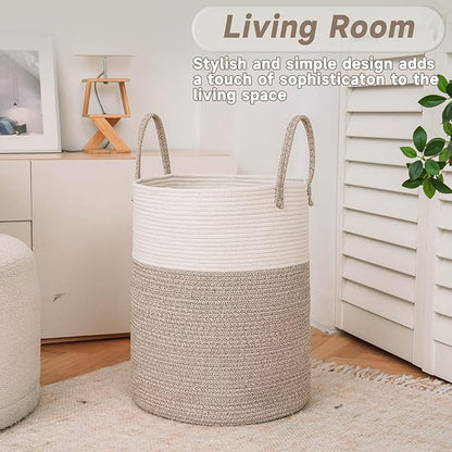Large Woven Laundry Basket Hamper,60L Cotton Rope Storage Bin for Blankets,Toys and Clothes,Decorative Tall Nursery Hamper for Living Room,Baby Nursery,Bathroom and Bedroom,Brown