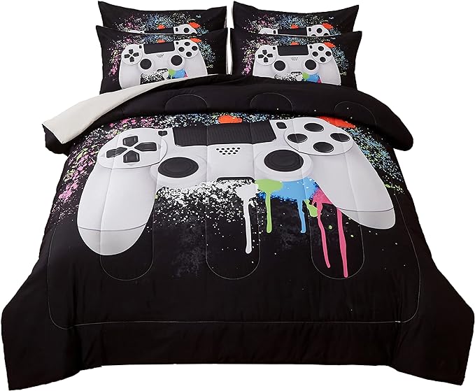 Gamer Bedding Sets for Boys, Full Size 3-Piece Gaming Comforter Sets for Kids Teens, Soft Microfiber Video Game Bedding Sets for Game Lovers, 1 Comforter and 2 Pillowcase(White,Full)