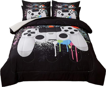 Gamer Bedding Sets for Boys, Full Size 3-Piece Gaming Comforter Sets for Kids Teens, Soft Microfiber Video Game Bedding Sets for Game Lovers, 1 Comforter and 2 Pillowcase(White,Full)