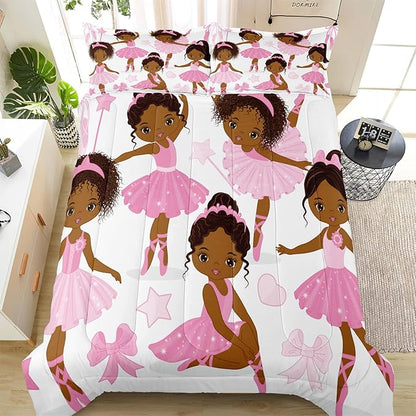 Queen Bedding Sets for Girls, African American Magic Comforter Set with Ballet Dancer, Pink Bed Set for Toddler Kids Teens, Little Girls Bedroom Decor