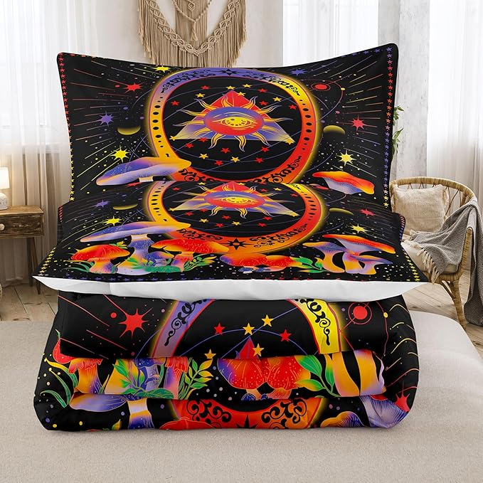 Tailor Shop Sun and Moon Bedding for Boys Girls Kids Teens,Celestial Bedding King Size,Mushroom Comforter Gothic Comforter Witchy Comforter Boho Exotic Black Bed with 2 Pillowcases