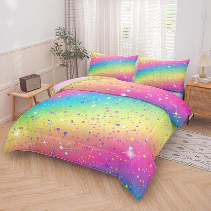 Twin Bedding Set Teen Girls, Galaxy Twinkle Comforter for Kids, Colorful Rainbow Bedding Set for All Season (Twin, 2 Pieces)