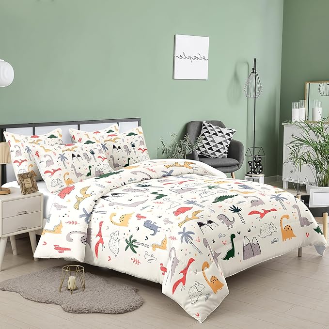 NINENINE Dinosaur Comforter Sets for Girls,Queen Size Bedding Sets for Girls Kids,Dinosaur Bedding Sets Cute Bed Sets with 1 Comforter 2 Pillowcases