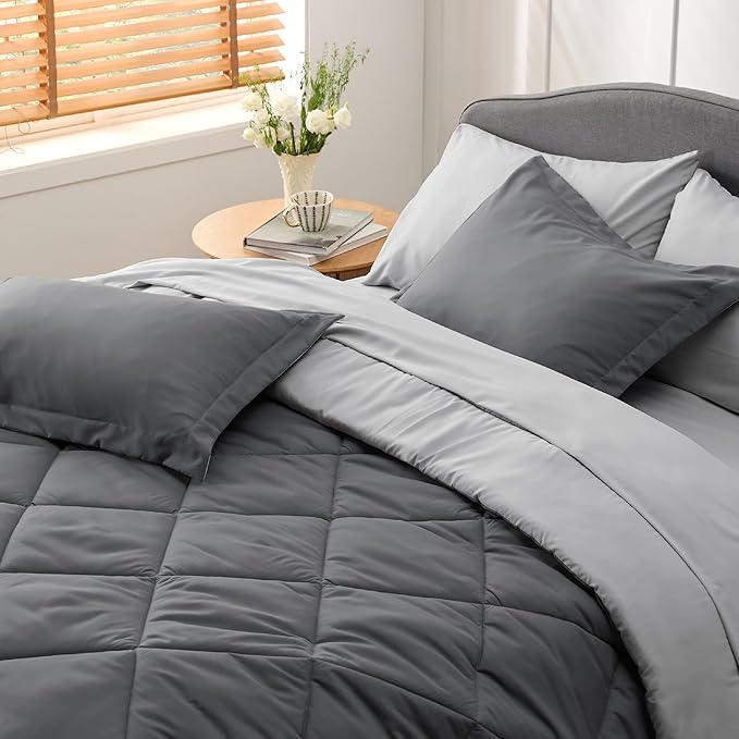 Bedsure Dark Grey California King Size Comforter Set - 7 Pieces Reversible California King Bed in a Bag, California King Dark Grey Bed Set with Comforters, Sheets, Pillowcases & Shams