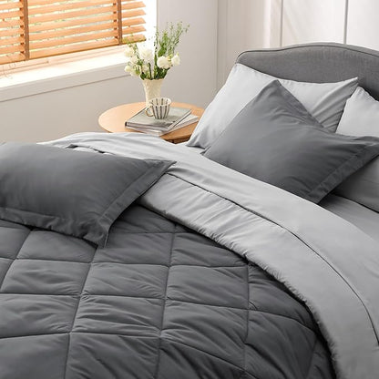 Bedsure Dark Grey California King Size Comforter Set - 7 Pieces Reversible California King Bed in a Bag, California King Dark Grey Bed Set with Comforters, Sheets, Pillowcases & Shams