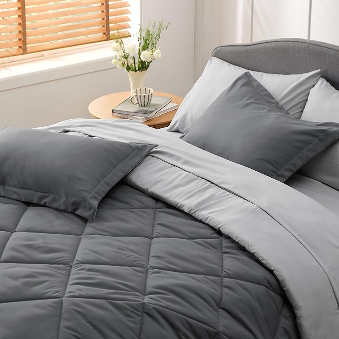 Bedsure Dark Grey Twin Comforter Set - 5 Pieces Reversible Twin Bed in a Bag for College, Extra Long Twin Bed Set Dark Grey with Comforters, Sheets, Pillowcase & Sham