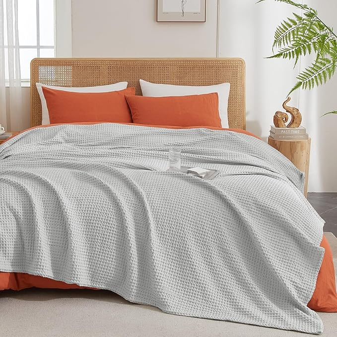 PHF Ultra Soft Waffle Weave Throw Blanket 50"x 60"- Washed Lightweight Breathable Cozy Woven Blanket for Bed - Aesthetic Decor for Couch Bedding Sofa Home Car - Light Grey