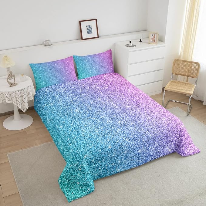 Colorful Glitter Bedding Full Girly Turquoise Teal Blue Pink Pastel Girls Comforter Set 3 Pcs Trendy Quilt Duvet for Kid Women Down Comforter with Sparkle Sequin Pattern Bling Bedroom Decor Bed Cover