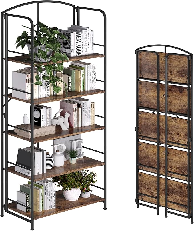 No Assembly Folding Bookshelf, Metal Book Shelf for Storage, Folding Bookcase for Office Organization and Storage (Firestone, 5 Tiers)