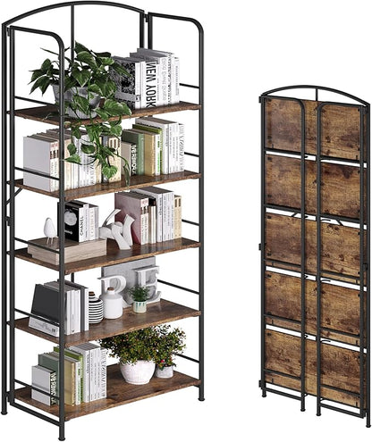No Assembly Folding Bookshelf, Metal Book Shelf for Storage, Folding Bookcase for Office Organization and Storage (Firestone, 5 Tiers)